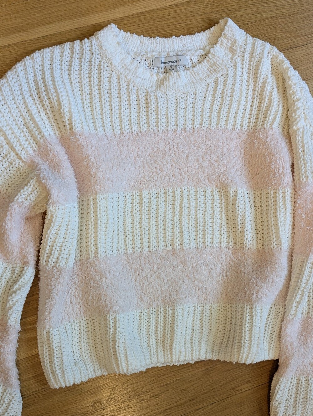 Francesca's Collections Cream and Light Pink Striped Crewneck Sweater